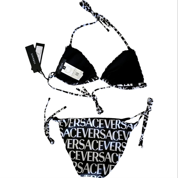 🖤 Versace Logo Print Triangle Bikini Top & Side Tie Bikini Bottom NWT - Picture 6 of 9